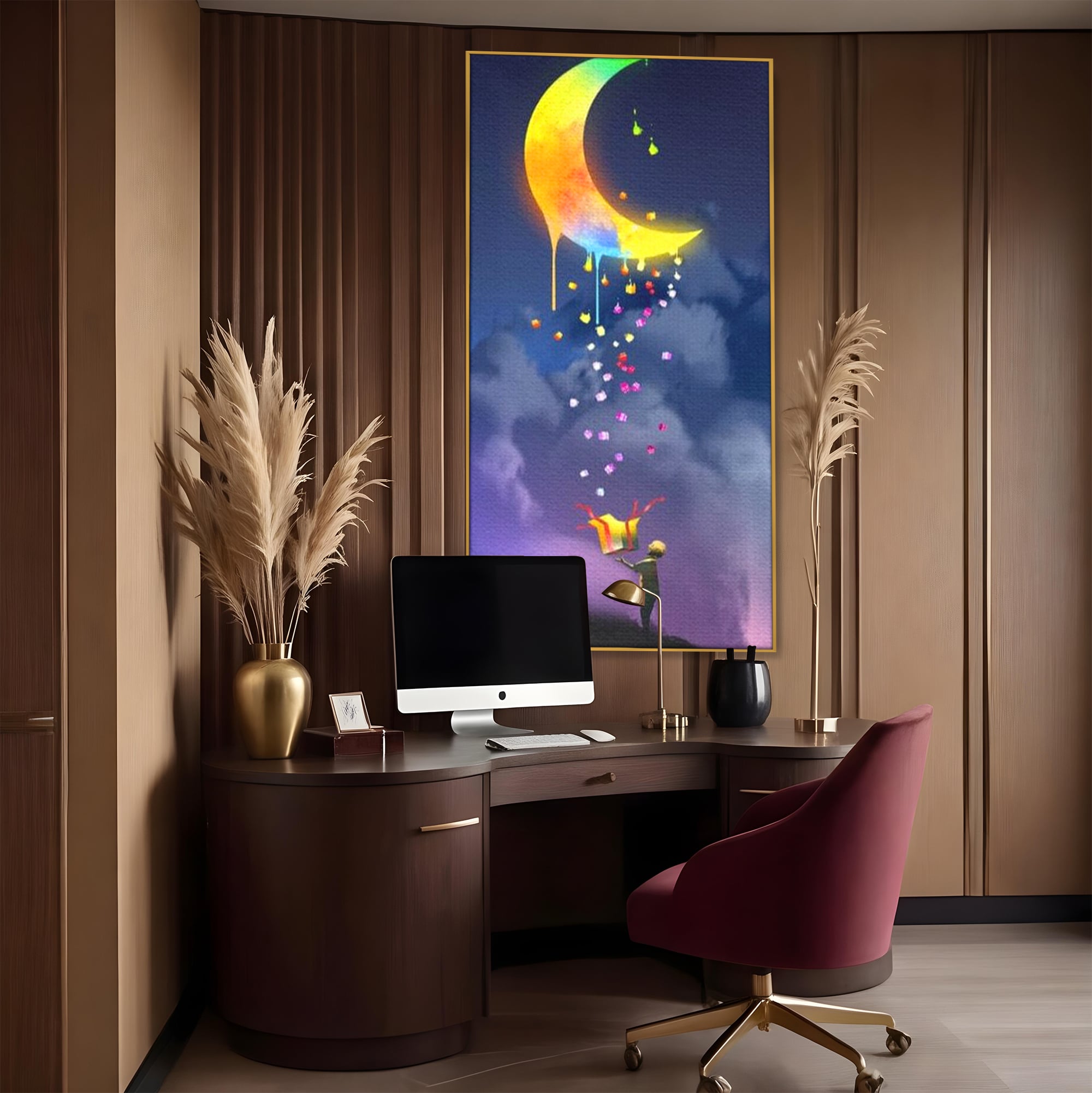 Tablou canvas cu ilustratie cu copil si luna curcubeu, in rama de aluminiu auriu, pe perete intr-un birou